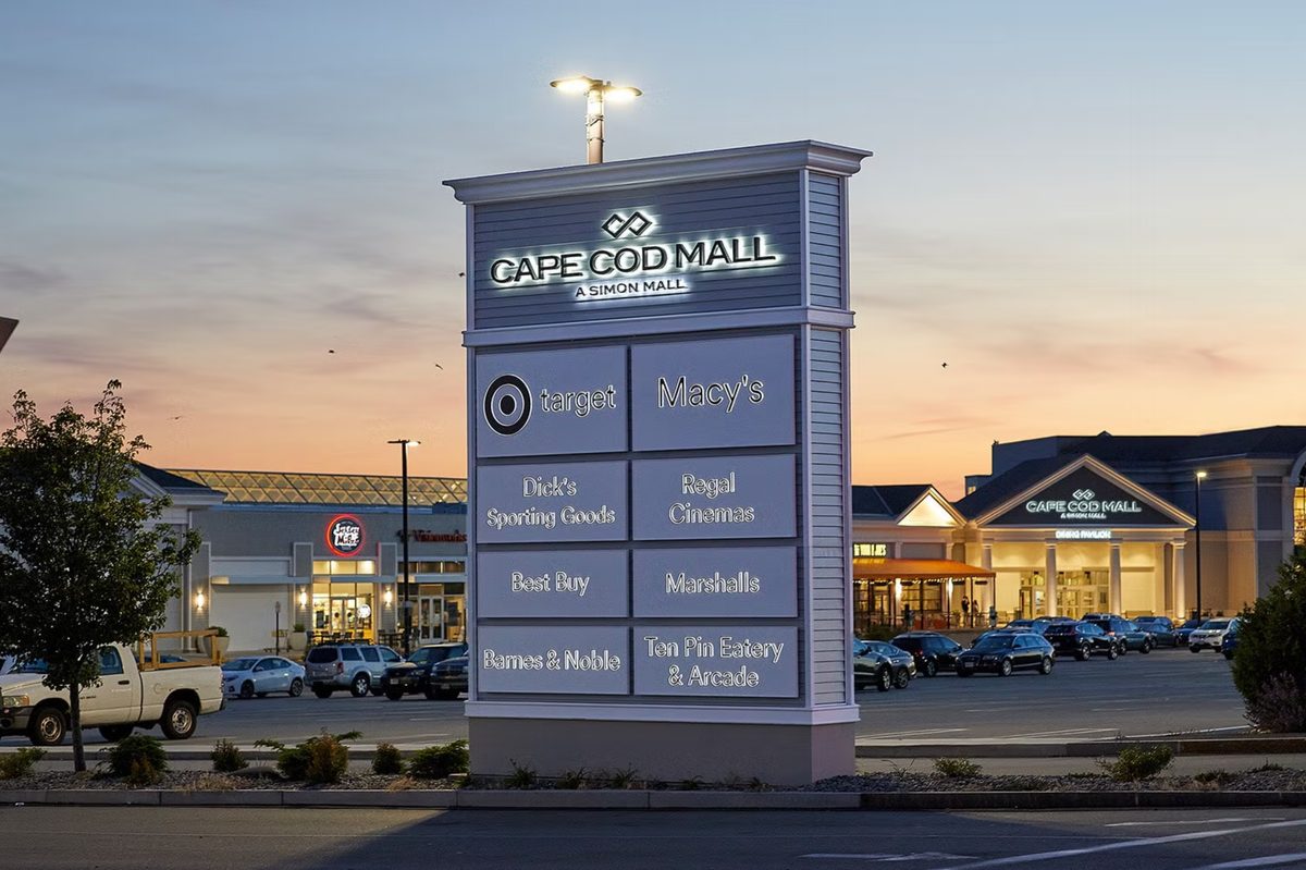 Cape Cod Mall entrance sign in Hyannis at dusk - Target, Macy's, Dick's Sporting Goods, Regal Cinemas, and more