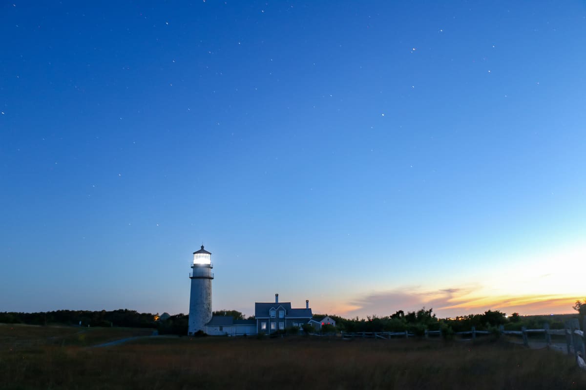 Highland Light at dusk in North Truro - the oldest and tallest lighthouse on Cape Cod