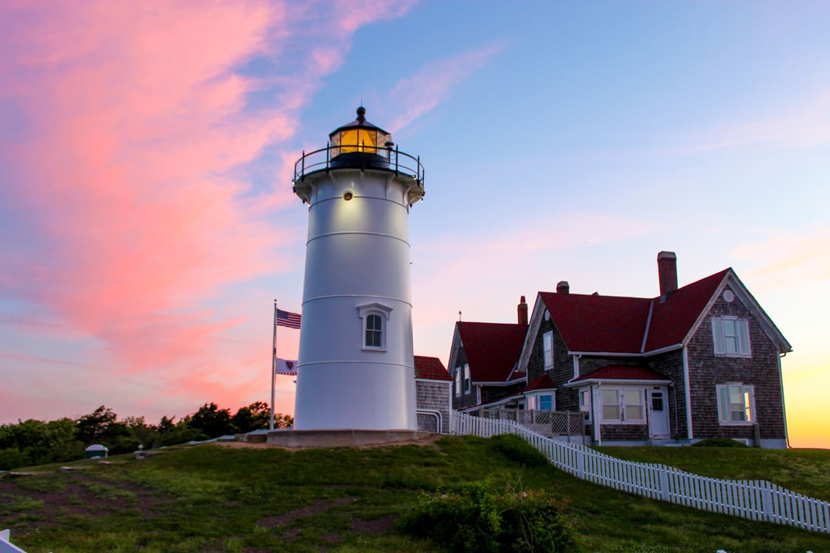 Nobska Light at sunrise in Woods Hole, overlooking Vineyard Sound and Martha's Vineyard