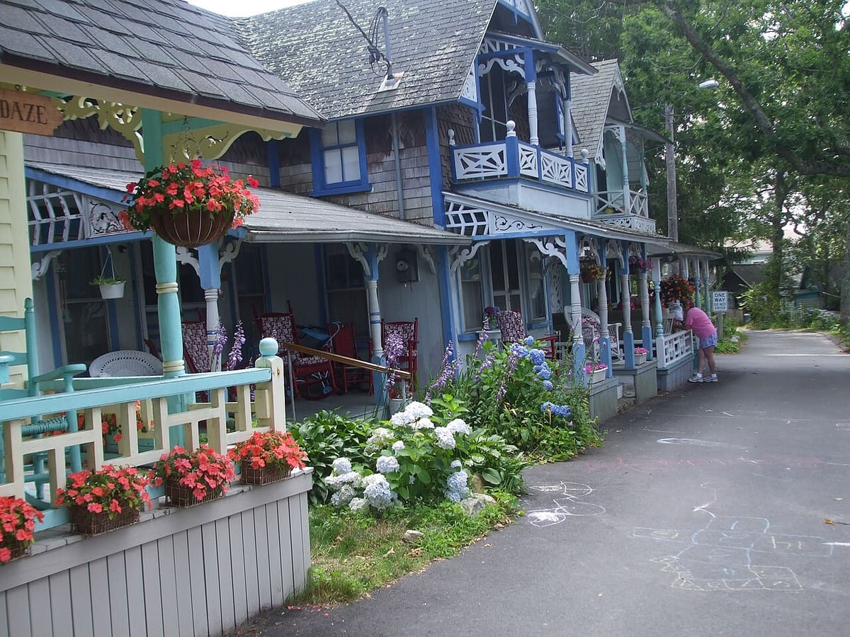 Colorful Victorian gingerbread cottages at Oak Bluffs on Martha's Vineyard - a free and iconic island sight